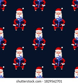Seamless pattern for Christmas holiday with happy Santa Claus and gift box. Childish background. Vector Illustration on dark blue background