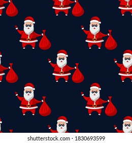 Seamless pattern for Christmas holiday with happy Santa Claus and red bag. Childish background. Vector Illustration on dark blue background