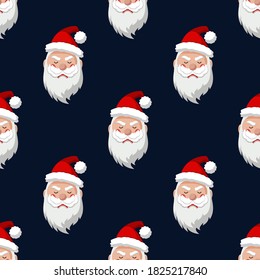 Seamless pattern for Christmas holiday with sad Santa Claus. Endless background. Vector Illustration on dark blue background