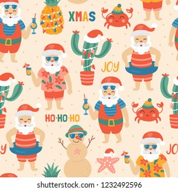 Seamless pattern for Christmas holiday with Santa Claus on sea beach. Childish background for fabric, wrapping paper, textile, wallpaper and apparel. Vector Illustration