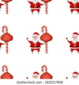 Seamless pattern for Christmas holiday with Santa Claus, candy cane and road sign North Pole. Vector Illustration on transparent background