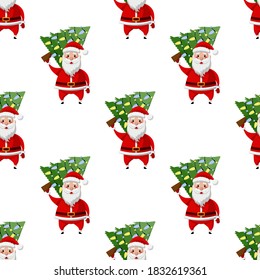 Seamless pattern for Christmas holiday with Santa Claus and Christmas tree. Childish background. Vector Illustration on transparent background
