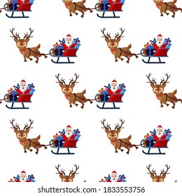 Seamless pattern for Christmas holiday with Santa Claus on Sleigh and His Reindeers. Childish background. Vector Illustration on transparent background
