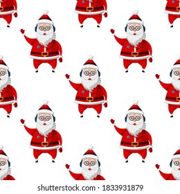 Seamless pattern for Christmas holiday with Santa Claus. Hipster Santa with earphones and glasses. Childish background. Vector Illustration