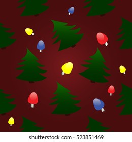Seamless pattern in a christmas holiday theme with green christmas tress and red, blue and yellow fairy lights 