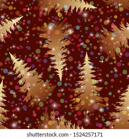 Seamless Pattern, Christmas Holiday Trees Silhouettes on Abstract Colorful Tile Background with Stars and Circles Confetti. Vector