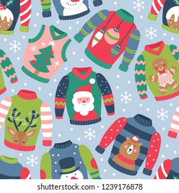 Seamless pattern for Christmas holiday with ugly sweater. Childish background for fabric, wrapping paper, textile, wallpaper and apparel. Vector Illustration