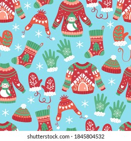 Seamless pattern for Christmas holiday with warm sweater, hat and mittens. Childish background for fabric, wrapping paper, textile, wallpaper and greeting cards. Vector Illustration