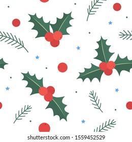 Seamless pattern with Christmas holly berries and sprigs of fir. New Year picture. It can be used to decorate holiday packages, wrapping paper, textiles. Vector illustration on white background.