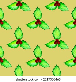 Seamless pattern with Christmas holly with berries. For printing wrapping paper, wallpaper, packaging, fabric. Hand Drawn vector illustration.