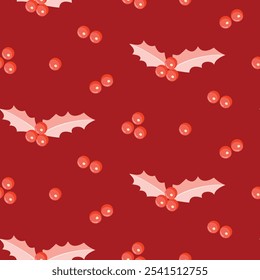 Seamless pattern with Christmas holly berries on isolated red background. Hand drawn design for Winter, Christmas and New Year celebration, for paper crafts or home décor, holiday greetings.