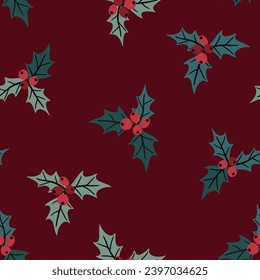 Seamless pattern with Christmas Holly compositions on a red background for textiles, scrapbooking paper, cards