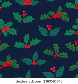 Patrón inmaculado de Navidad con hojas verdes, bayas rojas. Feliz Año Nuevo Berry, elementos florales para las vacaciones de invierno. Ilustración vectorial dibujada a mano para papel de pared, papel de envoltura, tela