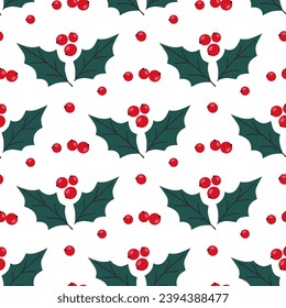 Patrón inmaculado de Navidad con hojas verdes, bayas rojas. Feliz Año Nuevo Berry, elementos florales para las vacaciones de invierno. Ilustración vectorial dibujada a mano para papel de pared, papel de envoltura, tela