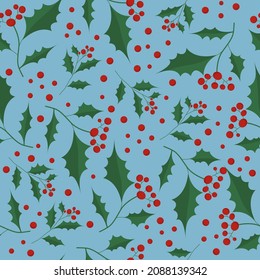 Seamless pattern christmas holly isolated on blue. Vector illustration for card, textile, fabric, paper design, wallpaper