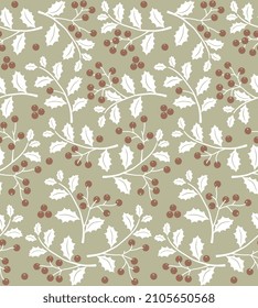 Seamless Pattern of Christmas Holly leafs and Berries - Christmas Vector Design 