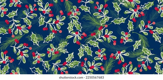 Seamless Pattern of Christmas Holly leafs, Mistletoe, and Berries-Christmas Vector Design 