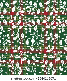 Seamless Pattern of Christmas Holly leafs and Berries.Good for Christmas gift wrap and fabric. Traditional Christmas - Christmas Plaid Vector Design 