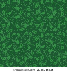 Seamless pattern Christmas Holly leaves with Berries, Monochomatic Green Background-Christmas Vector Design