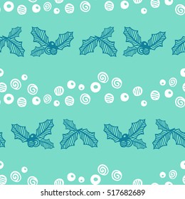 Seamless pattern of Christmas holly leaves and berry. Vector illustration