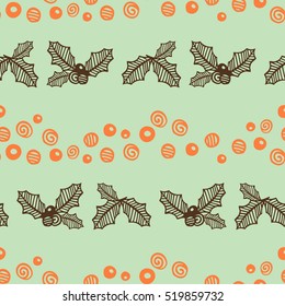 Seamless pattern of Christmas holly leaves and berry. Vector illustration