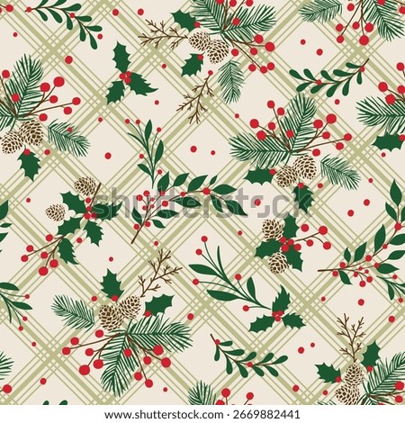 Seamless Pattern of Christmas Holly Leaves and Pine Cone and Plaid Background, Ivory color background- Christmas Holly leaves vector Illustration