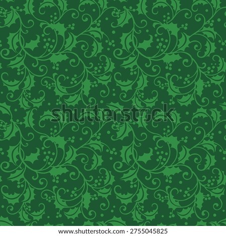 Seamless pattern Christmas Holly leaves with Berries, Monochomatic Green Background-Christmas Vector Design