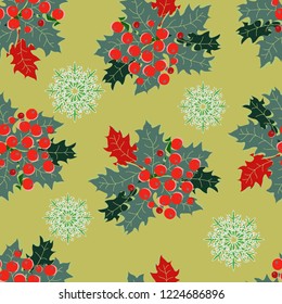 Seamless pattern of Christmas holly on a yellow background and snowflakes