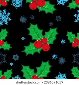 Seamless pattern with Christmas holly on a black background with snowflakes. Design element for clothes, cards, textiles, fabrics, wallpapers, wrapping paper