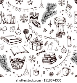 Seamless pattern with Christmas home elements. Hand drawn vector illustration on white background.
