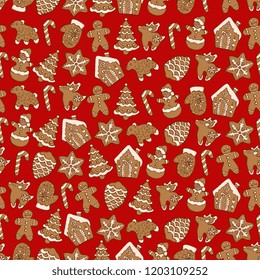 Seamless pattern of christmas homemade gingerbread cookies on red background. Christmas tree, snowflake, deer and snowman. Vector illustration for menu design, cafe decoration, delivery box. 