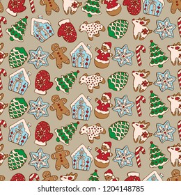 Seamless pattern of christmas homemade gingerbread cookies on beige background. Christmas tree, snowflake, deer and snowman. Vector illustration for menu design, cafe decoration, delivery box.. 
