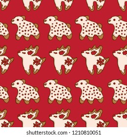Seamless pattern of christmas homemade gingerbread cookies on red background. Christmas deer and bear. Vector illustration for menu design, cafe decoration, delivery box, greeting card