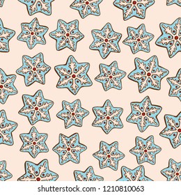 Seamless pattern of christmas homemade gingerbread cookies on white background. Vector illustration with snowflakes for menu design, cafe decoration, greetinf card, delivery box