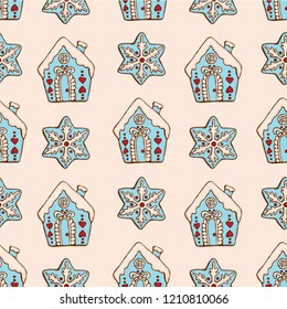 Seamless pattern of christmas homemade gingerbread cookies on white background. Christmas house and snowflake. Vector illustration for menu design, decoration, greeting card