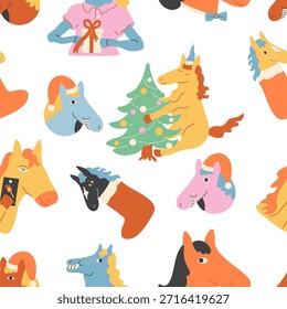 nahtloses Muster mit Weihnachtspferden Zeichen. Element für Dekoration Design Mail Beiträge Postkarten Postkarten Postkartendruck Einladung Hintergrund Hintergrund Umhüllung Tapete Banner Textil