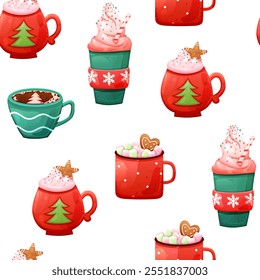 Seamless pattern of Christmas hot chocolate drink  in cute cup