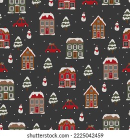 Seamless pattern with Christmas house, tree and car.