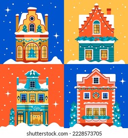 Seamless pattern with Christmas houses. Bright European vintage facades with snow, decor and garlands