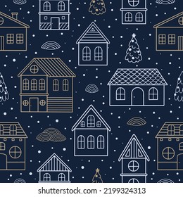 Seamless pattern with Christmas houses and Christmas tree. Great for fabric, textile vector illustration