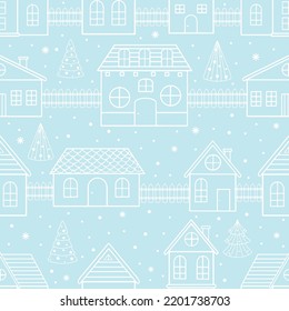 Patrón sin inconvenientes con las casas navideñas y el árbol de Navidad. Excelente para tela, ilustración vectorial textil
