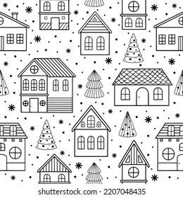Seamless pattern with Christmas houses and Christmas tree. Great for fabric, textile vector illustration