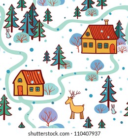 Seamless Pattern. seamless Christmas pattern with houses, trees, deer, hare .seamless pattern with New Year's.Winter. Village.