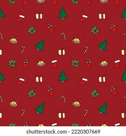 Seamless pattern christmas icon line doodle hand drawing abstract isolated on red background