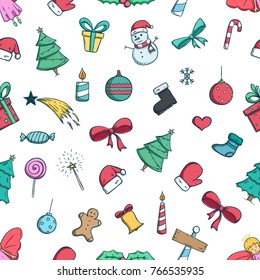 seamless pattern of christmas icons with colored doodle style
