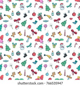 seamless pattern of christmas icons with colored doodle style on white background