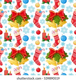Seamless pattern of Christmas icons. Colorful cartoon Christmas background for wrapping paper or decoration. Vector.
