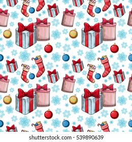 Seamless pattern of Christmas icons. Colorful sketch style Christmas background for wrapping paper or decoration. Vector.