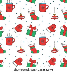 Seamless pattern christmas icons in doodle sketch style. Vector illustration. 