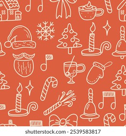 seamless pattern with christmas icons in doodle style on orange background